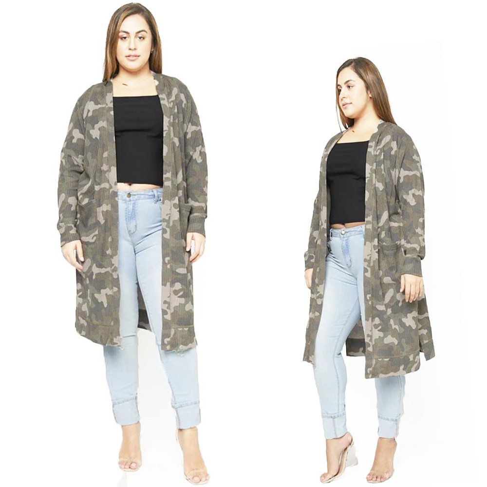 Mineral Washed Camo Pocket Open Front Cardigan Top